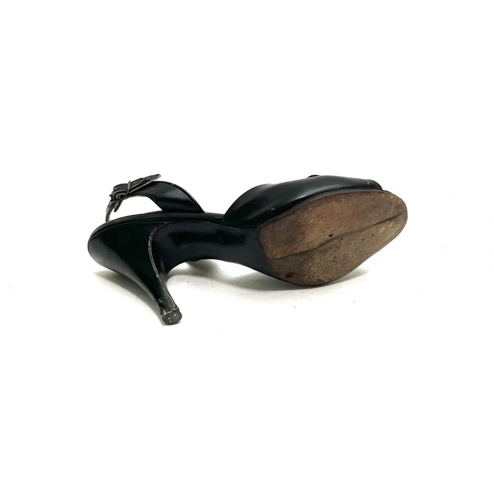 Vintage 1940s black leather peep toe rhinestone slingback heels